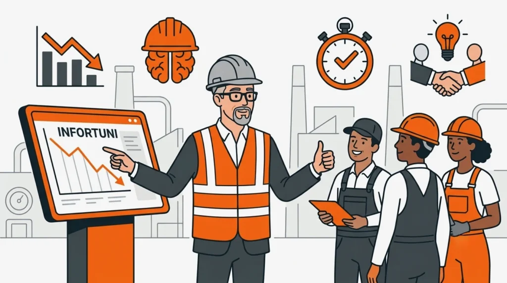 Grafica vettoriale con coaching aziendale che mostra il calo degli infortuni aziendali applicando il metodo BBS sicurezza per la prevenzione infortuni sul lavoro.