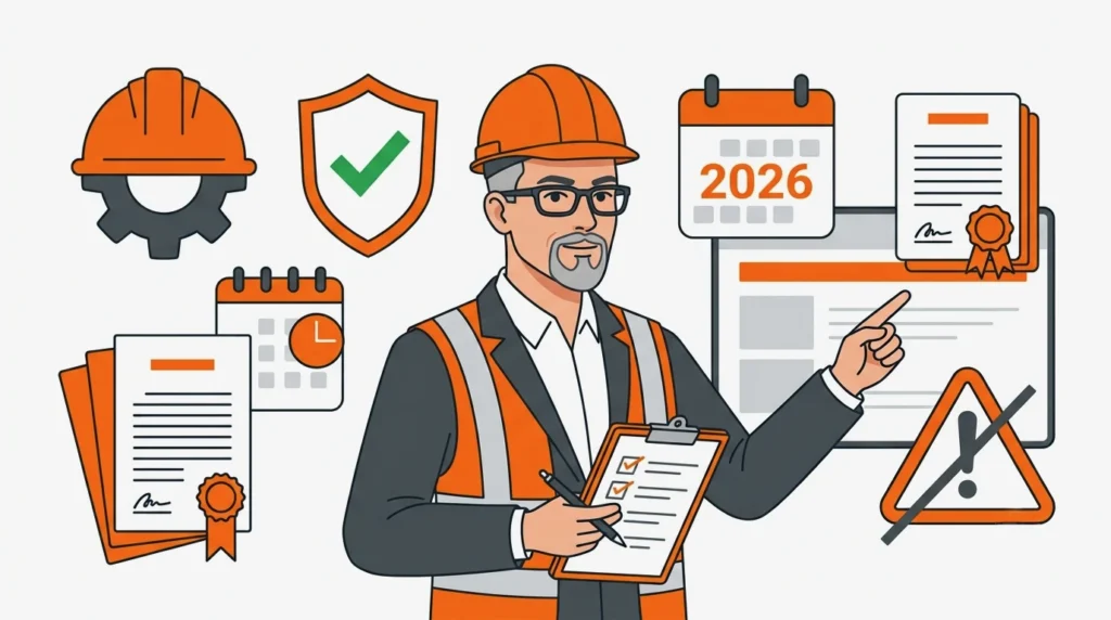 Illustrazione vettoriale della mascotte aziendale Formorienta con elmetto e checklist per illustrare gli obblighi del nuovo accordo stato regioni, l'aggiornamento preposti e le novità per RSPP datori di lavoro nel 2026.