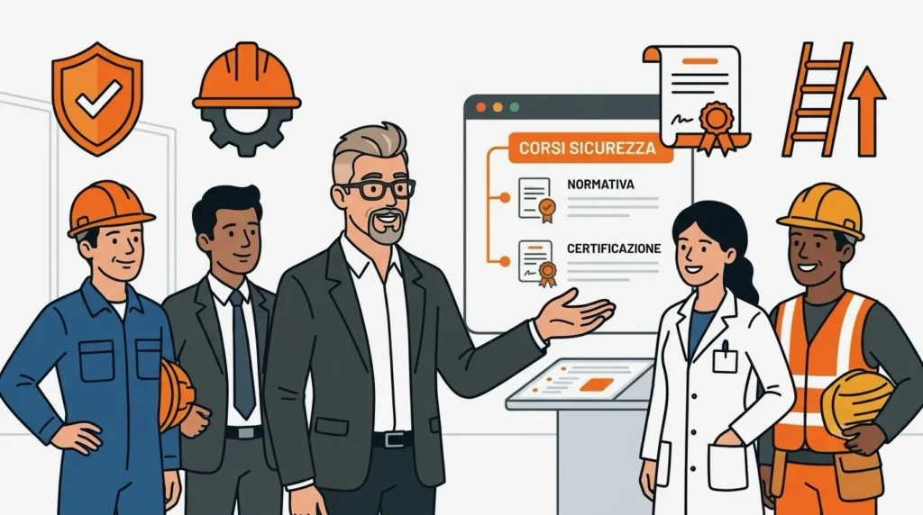 Formatore illustra i corsi sicurezza per lavoratori e la formazione obbligatoria evidenziando le conseguenze della mancata partecipazione a corsi di formazione.