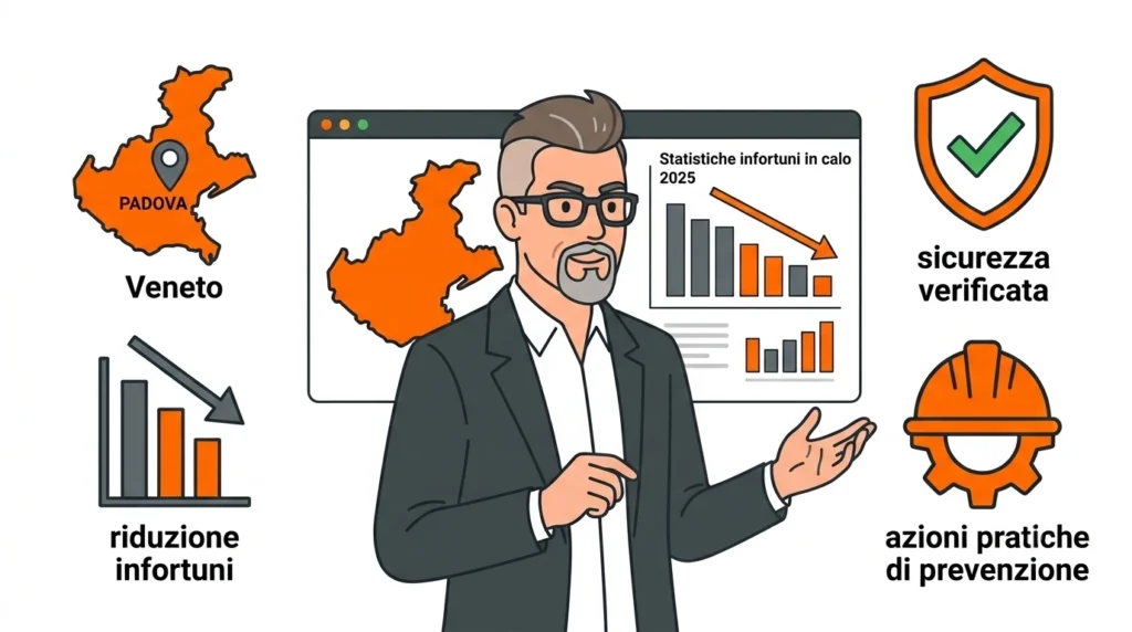 Consulente illustra il grafico con statistiche infortuni sul lavoro 2025 per orientare la prevenzione degli infortuni e l'aggiornamento sulla formazione lavoratori accordo stato regioni.