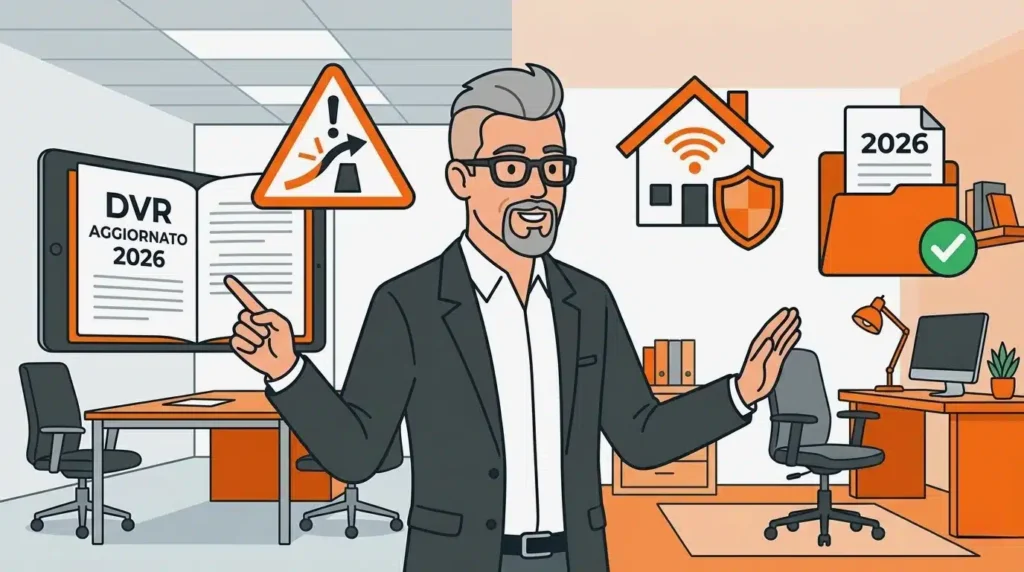 Illustrazione aziendale sul decreto sicurezza 2026 che evidenzia la valutazione dei rischi su tablet e l'icona che spiega che cosa è il near miss. In background si vedono le modalità di lavoro in azienda e in smart working a casa.