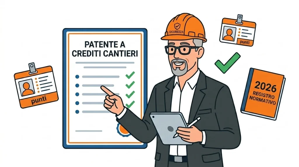 Mascotte di Formorienta che illustra la patente a crediti nei cantieri secondo il D.Lgs. 81/2008 e l'importanza della formazione per preposti NEL 2026.